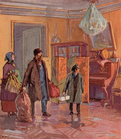 Munkásosztálybeli orosz család birtokba veszi egy polgári lakást a forradalom után (színes litho) alkotó: (after) Carrey
