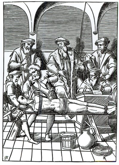 Vízzel való kínzás, Joos de Damhouder (1507-81) "Praxis Rerum Criminalium" című, Antwerpenben kiadott fametszete után. alkotó: (after) Dutch School