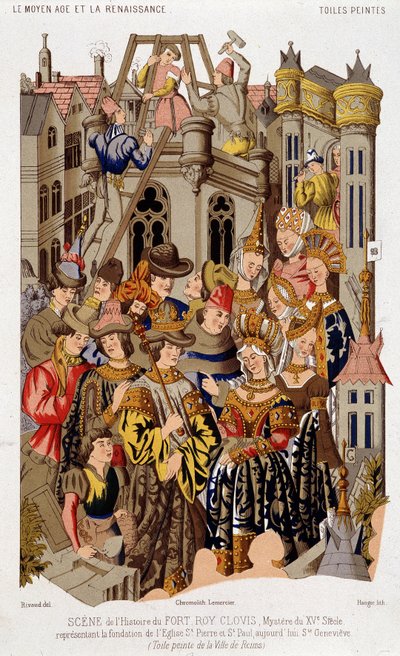 Fort Roy de Clovis történetének jelenete. A 15. századi misztérium, amely a Szent Péter és Szent Pál-templom, ma Szent Genevieve alapítását jelképezi. (a) Reims város festett vászna. alkotó: (after) French School