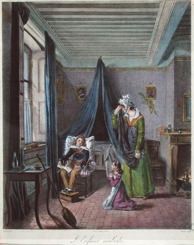 A beteg gyermek, 1820 körül (színes litó) alkotó: (after) Genot