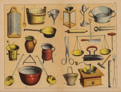 Konyhai eszközök és szerszámok (színes litográfia) alkotó: (after) German School