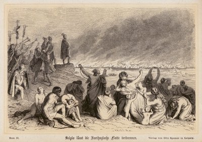 Scipio Africanus felgyújtja a karthágói flottát (metszet) alkotó: (after) German School