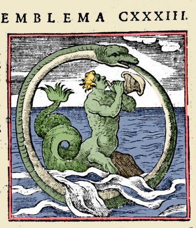 Egy triton és egy ouroboros, "Emblems" (A füzet emblémái) illusztráció, Andrea Alciati (színes litó) alkotó: (after) Italian School