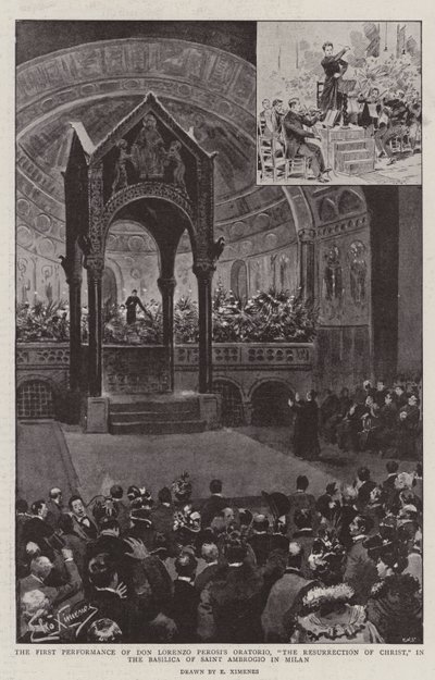 Don Lorenzo Perosi „Krisztus feltámadása” című oratóriumának első előadása a milánói Szent Ambrogio-bazilikában (litho) alkotó: (after) Italian School