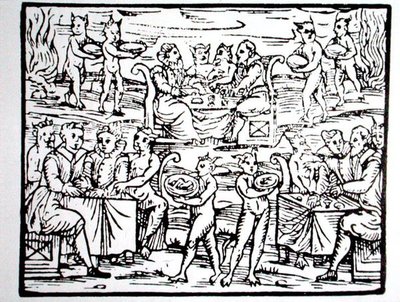 A varázslók lakomája, M. Guaccius atya „Compendium Maleticarum” illusztrációjának másolata, Milánó, 1608, a „Varázslattörténetben” használt, a 19. század végén megjelent (fametszet) alkotó: (after) Italian School