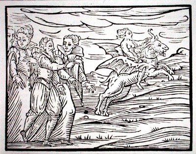 Boszorkány egy ördögi kecskében, F. Guaccius úr „Compendium Maleficarum” illusztrációjának másolata, Milánó, 1608, a 19. század végén megjelent „Varázslattörténetben” használt (fametszet) alkotó: (after) Italian School