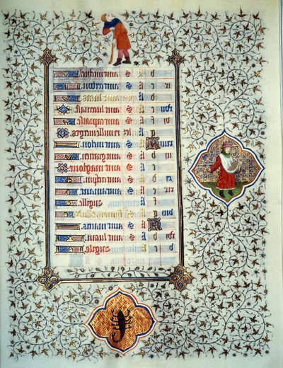 A „Les Tres Riches Hours du Duke Francois de Guise” kézirat oldala Boucicaut mestere által megvilágított: állatöv jelek ábrázolása és a mindennapi élet színterei: skorpió és ültetés. 15. század. Musee Conde, Chantilly alkotó: (and workshop) Boucicaut Master