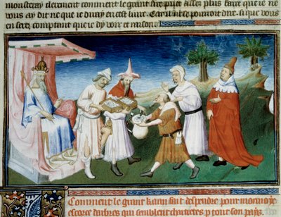 Qubilai (Kubilai kán, a Mongol Jüan-dinasztia első császára (1215-1294)) Marco Polo „Csodák könyvéből” („” World Devisement”, „” Il Milione)” származó miniatűr murier bark érmékkel fizeti a vásárlásait. Boucic mestere illusztrálta alkotó: (and workshop) Boucicaut Master