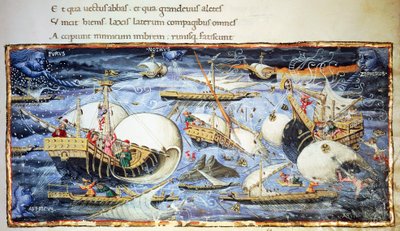 Vitorlás hajók, Aeneis illusztrációja, Vergilius (Kr. e. 70-19) epikus költeménye, Apollonio di Giovanninak (1415-1465) tulajdonított miniatűr alkotó: (attr. to) Apollonio di Giovanni