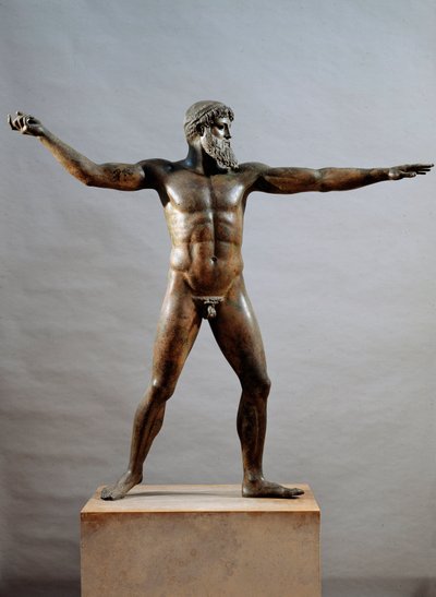 Görög művészet: az Artemision-fok istenének nevezett bronzszobor, amelyet Kalamis szobrászművésznek tulajdonítottak (Kr. e. 5. század), ie 460, Dim. 209 cm - Athénész, Nemzeti Régészeti Múzeum (l. 15161) - Görög civilizáció: Zeusz vagy P szobra (gyakran a  alkotó: (attr. to) Kalamis