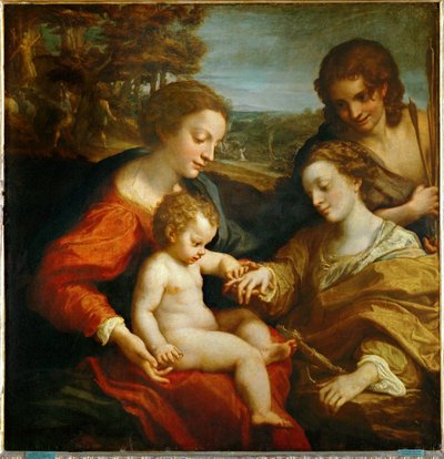 Alexandriai Szent Katalin misztikus házassága a gyermek Jézussal és Szent Sebestyén ... alkotó: (c.1489-1534) Correggio