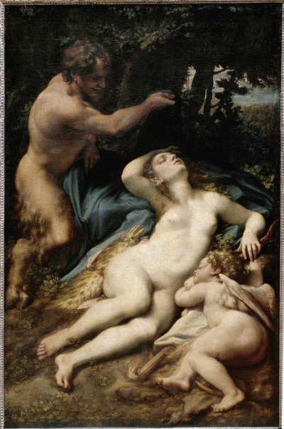Jupiter és Antióp (vagy Vénusz Ámorral és szatírral) (olaj, vászon alkotó: (c.1489 1534) Correggio