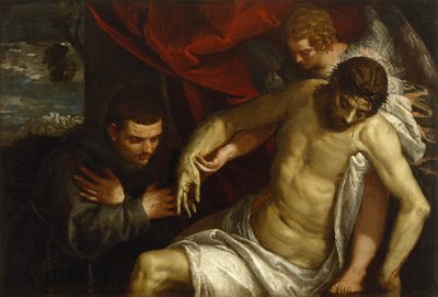 A halott Krisztus, akit egy angyal támogat és egy ferences imádott, 1586-87 alkotó: Paolo Veronese