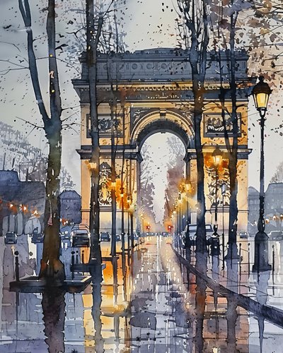 Akvarell festmény : Champs Elysées Párizs Franciaország télen | wall art prints alkotó: F. Abderrahim