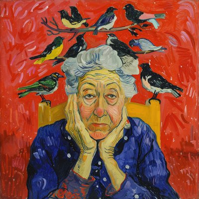 Nő madarakkal a fején : Matisse stílusú festmény | fali dekoráció, művészeti nyomatok alkotó: F. Abderrahim