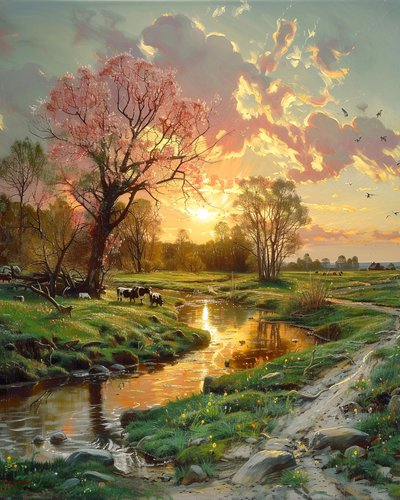 Gyönyörű tájkép naplementében, vászon a fali dekorációhoz Modern tájkép alkotó: F. Abderrahim