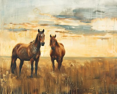 Olajfestmény Majestic Horses in a Field at Sunset, vászon és fali dekoráció alkotó: F. Abderrahim