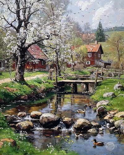 The Mill Cottage tavasszal, olaj, vászon Board, keretezett fali dekoráció alkotó: F. Abderrahim