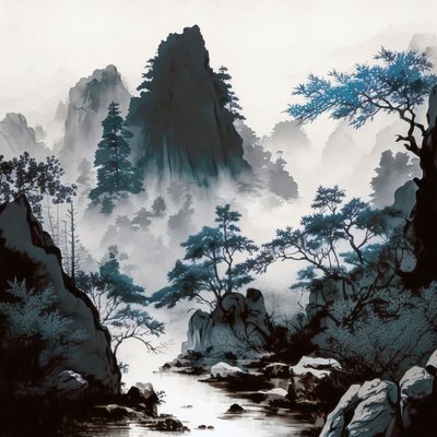 Cyanotype hegyi folyó köd Shan Shui stílusban, bekeretezett fali dekoráció nyomatok alkotó: F. Abderrahim