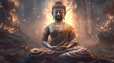 Realisztikus Buddha portré ülve, békés meditáció, spirituális fali dekoráció otthonra alkotó: F. Abderrahim