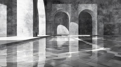 Arches  gates in a marble palace, építészet, Fekete-fehér, fali dekoráció nyomatok alkotó: F. Abderrahim