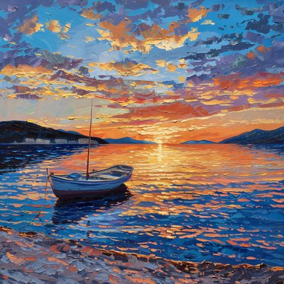 Boat on river at sunset Beautiful, Dalmatia, Croatia Olaj, vászon, fali dekoráció eladó alkotó: F. Abderrahim