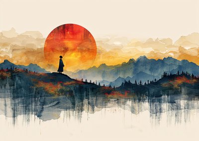 Álló gésa, minimalista tájkép és naplemente, modern fali dekoráció | print on demand alkotó: F. Abderrahim