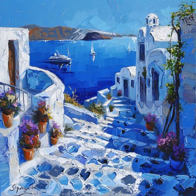 Santorini gyönyörű utcai lámpákkal, vászon és keret fali dekoráció nyomatok alkotó: F. Abderrahim