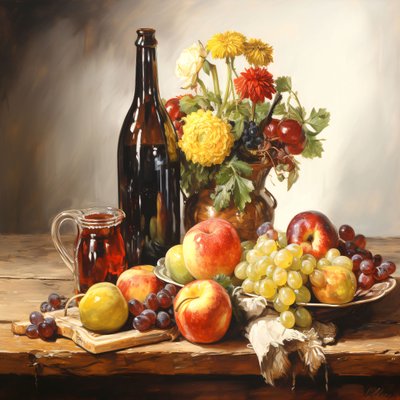 Csendélet festmény, virágok, gyümölcsök és bor, fal Home Decor nyomatok alkotó: F. Abderrahim