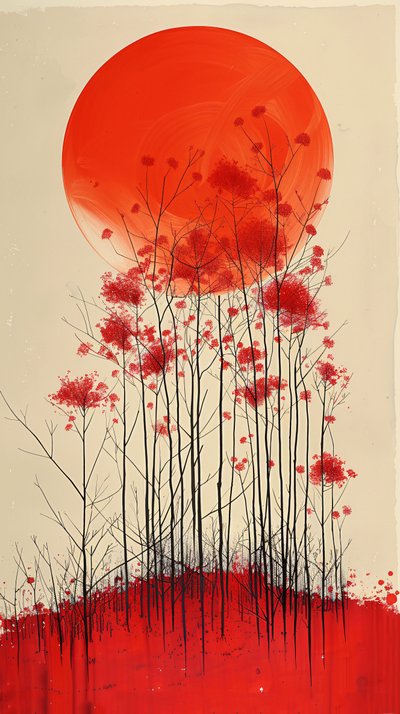 Sunset on a hill of red flowers painting, vertical wall Decor eladó alkotó: F. Abderrahim