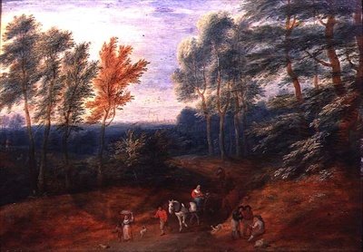 Erdős táj utasokkal szénakocsiban (olaj, panel) alkotó: A.F. and Bouts P. Boudewyns