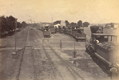 A 189. sz. Maryland Avenue Depot, Washington, D.C., Alexandriából a biztonság kedvéért küldött mozdonyokkal. alkotó: A.J. Russell