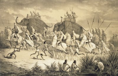 Szikh vezérek kavalkádja elefántokon, a „Voyage in India”-ból, Louis Henri de Rudder (1807-81) kocsmája metszetében. Londonban alkotó: A. (after) Soltykoff