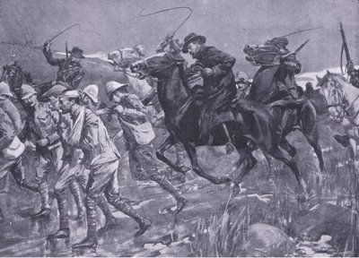De Wets brit hadifoglyokkal való bánásmódja menet közben, illusztráció az After Pretoria: The Guerilla War, 1902-ből alkotó: A. C. Ball