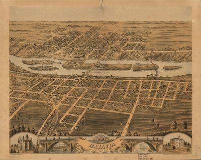 Batavia madártávlatból, Kane megye, Illinois, 1869. LOC 73693342 alkotó: A.; Chicago Lithographing Co. Ruger