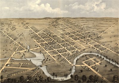 Columbus madártávlatból, Columbia Co., Wisconsin 1868. LOC 73694538 alkotó: A.; Chicago Lithographing Co. Ruger