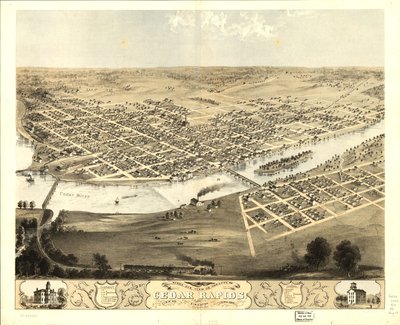 Cedar Rapids és Kingston városának madártávlati képe, Linn Co., Iowa 1868. LOC 73693391 alkotó: A.; Chicago Lithographing Co. Ruger
