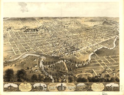 Az indianai Fort Wayne városának madártávlati képe 1868. LOC 73693381 alkotó: A.; Chicago Lithographing Co. Ruger