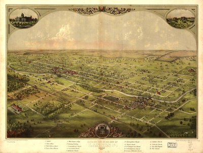 Lansing, Michigan városának madártávlati képe 1866. LOC 73693436 alkotó: A.; Chicago Lithographing Co. Ruger