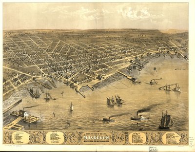 Madártávlati kilátás Muskegon városára, Muskegon Co., Michigan 1868. alkotó: A.; Chicago Lithographing Co. Ruger