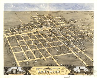 Sandwich városának madártávlati képe, De Kalb megye, Illinois 1869. LOC 73693372 alkotó: A.; Chicago Lithographing Co. Ruger