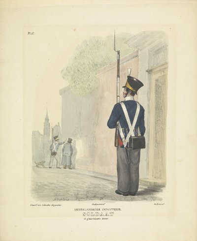 Katona helyőrségi ruhában, 1820-1825 holland gyalogság. Katona gerilla egyenruhában (cím a tárgyon) A Holland Királyság katonai jelmezei. Őexcellenciájának, Willem van Bylandtnak szentelve (a sorozat címe a tárgyon) alkotó: A. Courtois