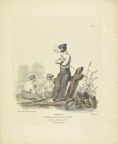Katona laktanya egyenruhában, 1820-1825 holland gyalogság. Katona Kaserne ruhában (cím a tárgyon) A Holland Királyság katonai jelmezei. Őexcellenciájának, Willem van Bylandtnak szentelve (a sorozat címe a tárgyon) alkotó: A. Courtois