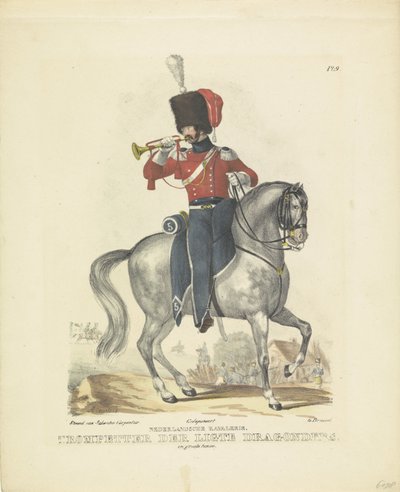 Trombitás teljes egyenruhában Trombitás nagy egyenruhában, 1820-1825 holland lovasság. A Ligte dragonyosok trombitása. teljes egyenruhában (cím a tárgyon) A Holland Királyság katonai jelmezei. Őexcellenciájának ajánlva, William of B alkotó: A. Courtois
