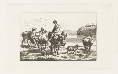 Táj egy pásztorlánnyal öszvéren és egy pásztorral tehenekkel alkotó: A. Dickhof (signed by artist)