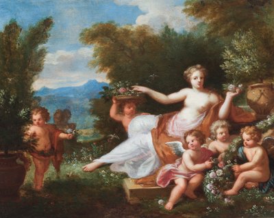 Tájképben fekvő flóra, virágot hozó putti. (olaj, vászon) alkotó: A. Diennen