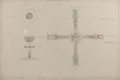 Lovagkápolna: javasolt kehely, paténa és alamizsnatál (ceruza, tinta, ecset, wc és ezüst festék a szürke kártyán) alkotó: A. Edward Jones and Co.