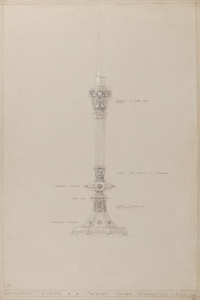 Gyermekkápolna: javasolt ezüst gyertyatartó, valós méret (ceruza, tinta, ecset, wc és ezüst festék szürke kártyán) alkotó: A. Edward Jones and Co.