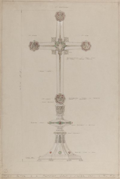 Főoltár: javasolt arany és ezüst kereszt, 5 láb magas (ceruza, tinta, ecset, wc, ezüst és arany festék a szürke kártyán) alkotó: A. Edward Jones and Co.