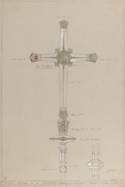 Főoltár: javasolt arany és ezüst körmeneti kereszt, tényleges méret (ceruza, tinta, ecset, wc, ezüst és arany festék a szürke kártyán) alkotó: A. Edward Jones and Co.
